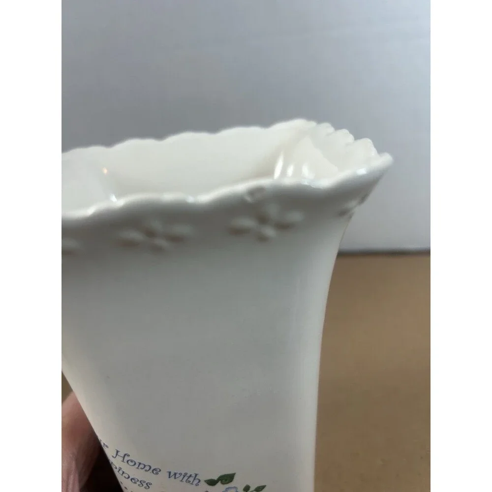 Cream Floral Vase Scalloped Rim Embossed Fill Your Heart Home W/Love Happiness